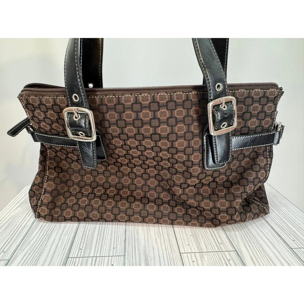 Nine West Women's Brown Geometric Print Buckle Accent Satchel Shoulder Bag Purse
